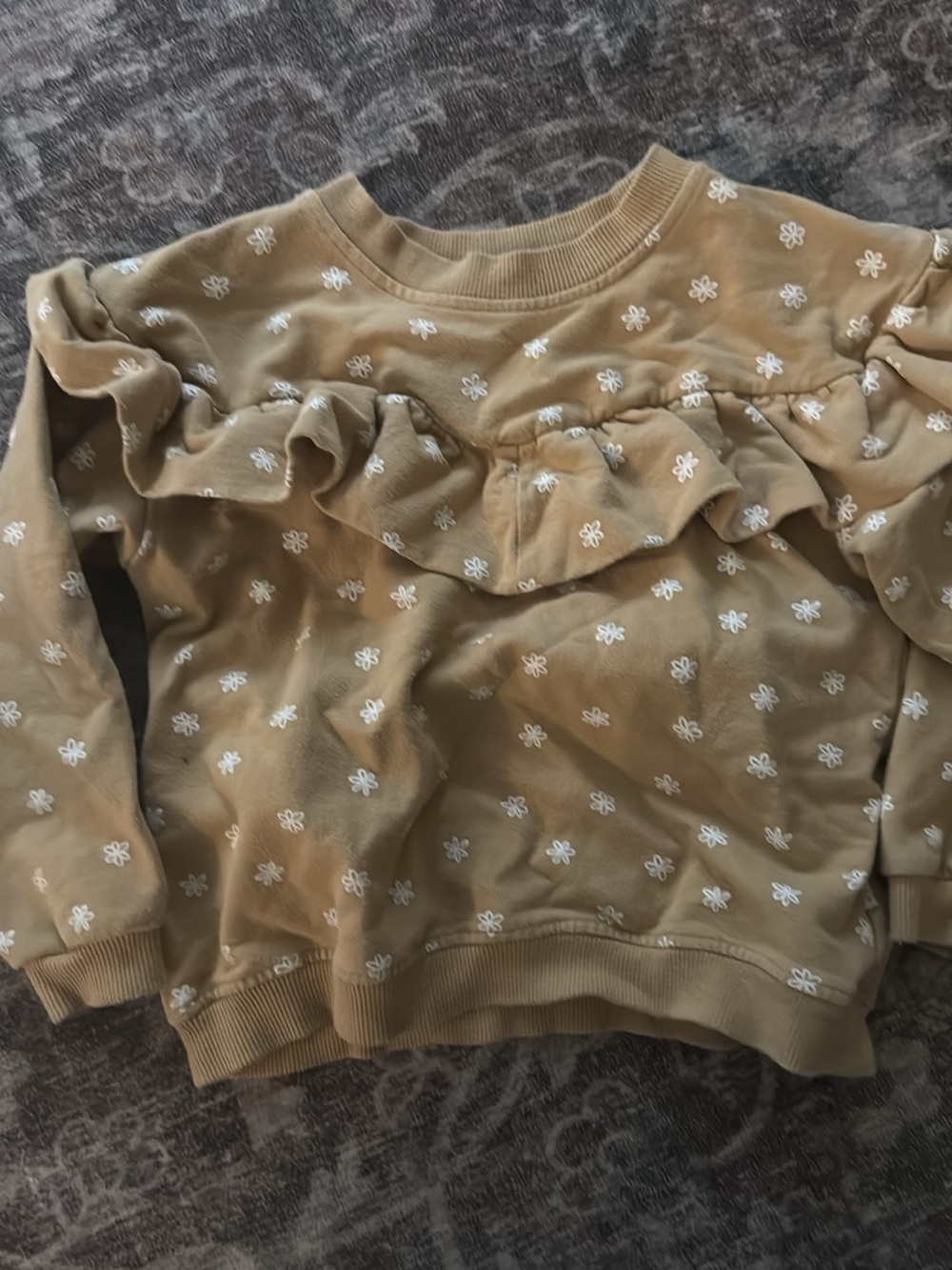 Quincy Mae Tan Ruffle Sweatshirt with White Daisy Embroidery